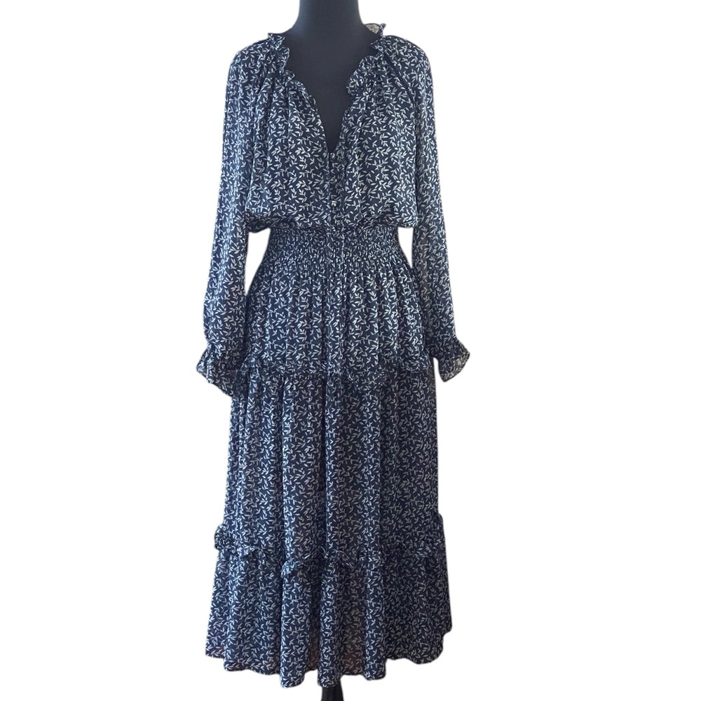 Senlis Navy Blue White Leaves Printed Maxi Dress Sz S Sheer Ruffles Layers Tiers